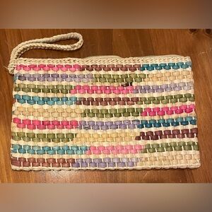 Vintage large multicolor basket weave straw clutch bag wrist strap; 8” x 11”